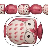 Porcelain Beads Night Watch owl Pink and White 14x16mm 12pcs