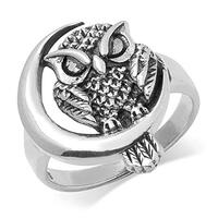 Sterling Silver Midnight Owl and Moon Ring - Size 9