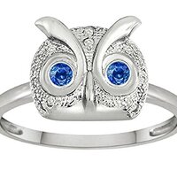Star K Round Created Sapphire Good Luck Owl Ring Sterling Silver Size 6