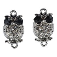 RUBYCA 20pcs Metal Animal Owl Connector Beads Black Crystal Inlay DIY Jewelry Bracelet Silver Tone