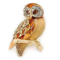 Brown Enamel Austrian Crystal Owl Brooch In Gold Plating - 40mm L