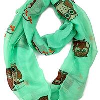 Plum Feathers Exotic Wildlife Print Infinity Scarf (Light Mint Owl)
