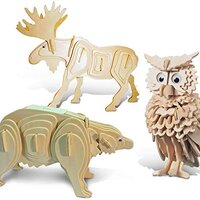 Puzzled Bundle of Owl, Moose & Black Bear Wooden 3D Puzzle Construction Kits, Fun Unique Educati