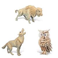 Puzzled Bundle of Owl, Wolf and Buffalo Wooden 3D Puzzle Construction Kits, Fun Unique and Education