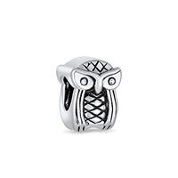 Wise Graduate Owl Bird Charm Bead For Women Student For Teen Oxidized .925 Sterling Silver Fits Euro