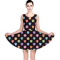Womens Summer Sun Dress Black Pattern Colorful Owls On Dark Flared Skater Dress, Medium