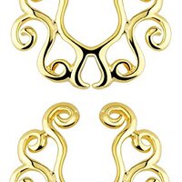 Gold Tone Vintage Tribal Floral Clip on Non-Pierce No Pierce Fake Nipple Ring, Sold as a Pair