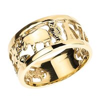 Good Luck Charms Solid 14k Yellow Gold Ring with Elephant, Owl, Horseshoe, Seven, Evil Eye and Clove