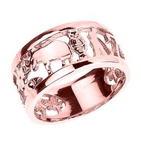 Good Luck Charms Solid 14k Rose Gold Ring with Elephant, Owl, Horseshoe, Seven, Evil Eye and Clover 