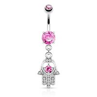 Pierced Owl 14GA Stainless Steel CZ Crystal Hamsa Hand Dangling Belly Button Ring (Pink)