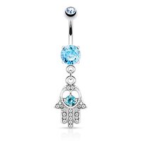 Pierced Owl 14GA Stainless Steel CZ Crystal Hamsa Hand Dangling Belly Button Ring (Aqua)
