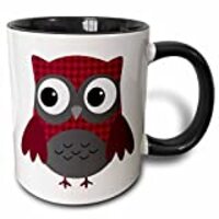 3dRose mug_61031_4"Cute Ruby Red Houndstooth Patterned Owl" Two Tone Black Mug, 11 oz, Mul