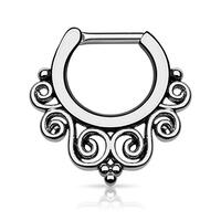 Pierced Owl 16GA Stainless Steel Tribal Swirl Fan Septum Clicker Ring (Hematite)
