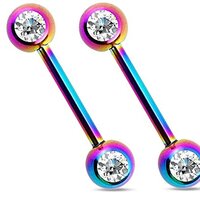 Pierced Owl 14GA Titanium Plated 316L Stainless Steel Double CZ Crystal Nipple Barbells, Sold as a P