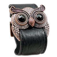 Accents Kingdom Crystal Owl Leather Cuff Bracelet with Simulated Amethyst Color Crystal