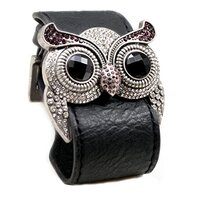 Accents Kingdom Silver Color Crystal Owl Leather Cuff Bracelet with Simulated Amethyst Color Crystal