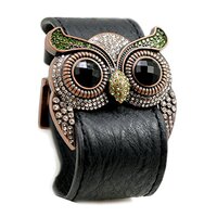Accents Kingdom Crystal Owl Leather Cuff Bracelet with Simulated Peridot Color Crystal