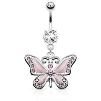 Pierced Owl 14GA Stainless Steel CZ Crystal Butterfly Dangling Belly Button Ring (Pink)