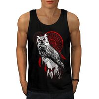 Wellcoda Dream Catcher Owl Animal Mens Tank Top, Bird Athlete Shirt Black L