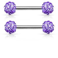 14GA Stainless Steel Crystal Paved Ferido Balls Nipple Barbells, Sold as a Pair (Purple)
