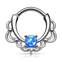 Pierced Owl 16GA Stainless Steel Lacey Synthetic Single Opal Septum Clicker Ring (Blue)