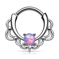 Pierced Owl 16GA Stainless Steel Lacey Synthetic Single Opal Septum Clicker Ring (Purple)