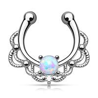 16GA Lacey Single Synthetic Opal Clip On Fake Non No Piercing Septum Hanger Ring (White)