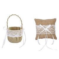 The Crafty Owl Burlap Jute & Lace Flower Basket, Ring Bearer Pillow Set