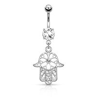 Pierced Owl 14GA Stainless Steel Beaded Outline Hamsa Hand with CZ Crystal Center Dangling Belly But