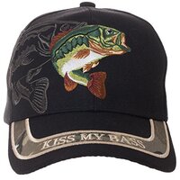 Artisan Owl Kiss My Bass Embroidered Fishing Baseball Cap - Adjustable Hook and Loop Closure (Black)