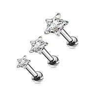 Pierced Owl Set of 3 16GA Stainless Steel CZ Crystal Star Top Cartilage Tragus Barbells (Clear)