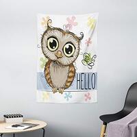 Ambesonne Owls Tapestry, Cartoon Owl and a Butterfly on Floral Background Hello Message Illustration