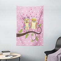 Ambesonne Owls Tapestry, Owls in Love on Branch Polkadots Leaves Hearts Romance Theme, Wall Hanging 