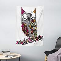 Ambesonne Owls Tapestry, Owl Shaped by Geometric Floral Blooms Plants Patterns Colorful Doodle Desig