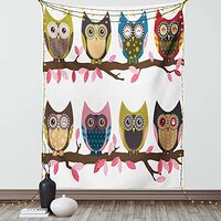 Ambesonne Owls Tapestry, Group of Owls Facial Expressions Winking Smiling Vintage Scrapbooking Retro
