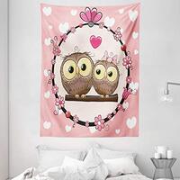 Ambesonne Owls Tapestry, Owl Couple on Tree Branch Floral Wreath Celebrations Cheerful Art, Wall Han