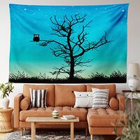 Ambesonne Owls Tapestry, Owl in Naked Winter Tree Under Night Sky with Stars Grass Goodnight Artwork
