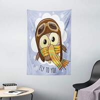 Ambesonne Owls Tapestry, Cartoon Owl in Pilot Hat Fly to You Text Caricature Childish Cheerful Art, 