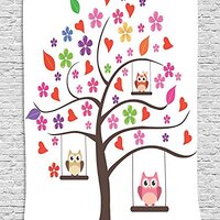 Ambesonne Owls Tapestry, Cartoon Tree with Hearts and Owl Family Swinging Ornamental Lines Floral Il