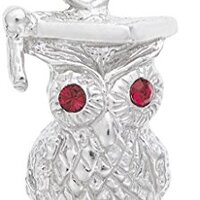 Rembrandt Graduation Owl Charm w/Purple Synthetic Crystals - Metal - Sterling Silver