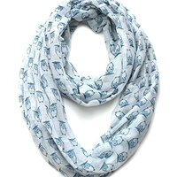 Belle Donne - Lightweight Bright Color Owl Printed Infinity Scarf - White Blue