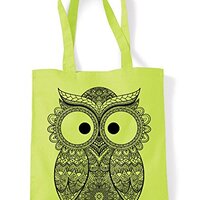 Cross Eyed Owl Large Print Tote Shoulder Shopping Bag (Lime Green)