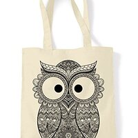 Cross Eyed Owl Large Print Tote Shoulder Shopping Bag (Cream)