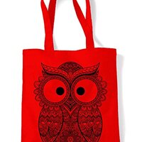 Cross Eyed Owl Large Print Tote Shoulder Shopping Bag (Red)