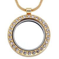 RUBYCA Living Memory Round Locket Snake Chain Necklace Crystal Floating Charm DIY Gold Tone 1Pcs