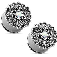 Pierced Owl Antique Silver Plated Stainless Steel Opal Centered Lotus Flower Top Double Flared Plug 