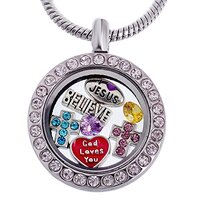RUBYCA Themed Round Locket Necklace Crystal Birthstone Living Memory Floating Charm Silver Tone DIY