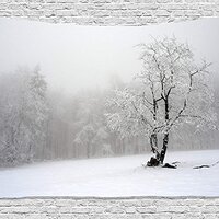 Ambesonne Tree Tapestry, Winter Landscape Picture with a Tree in Snowy Field and Foggy Forest at the