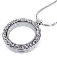 RUBYCA Living Memory Round Locket Snake Chain Necklace Crystal Floating Charm DIY Silver Tone 1Pcs