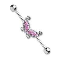 Pierced Owl 14GA 316L Surgical Steel CZ Crystal Butterfly Industrial Barbell (Pink)